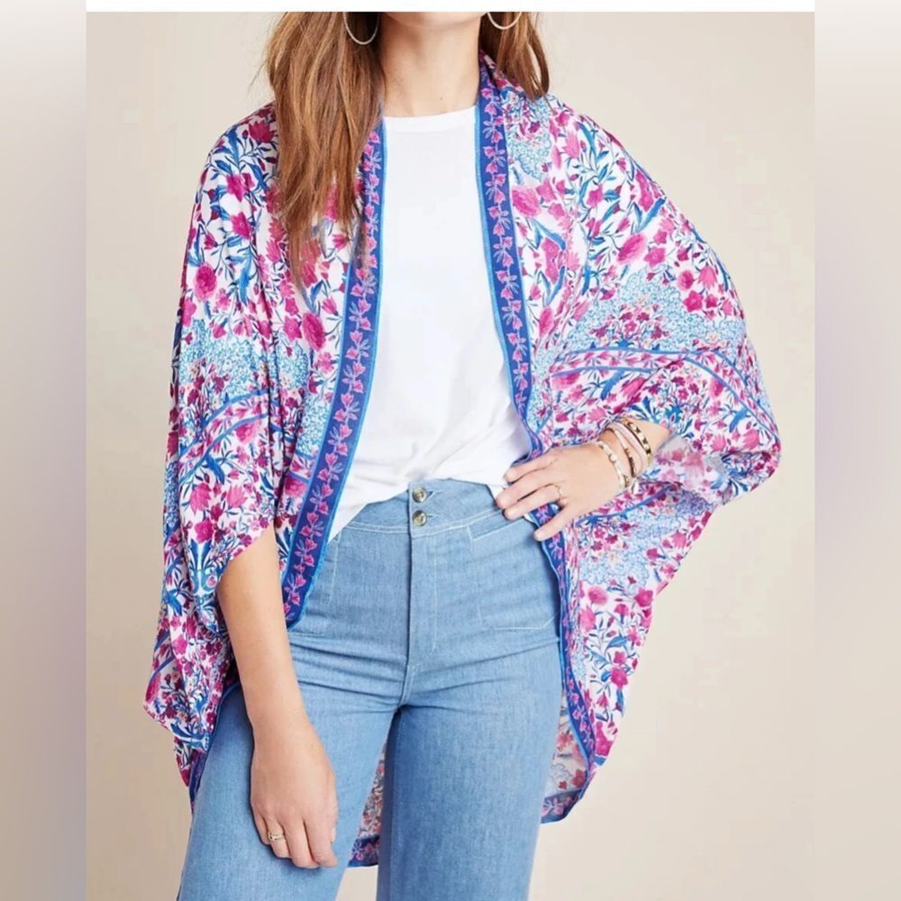 Kachel x Anthropologie Amalia Cocoon Kimono Pink Blue Floral One Size Bohemian